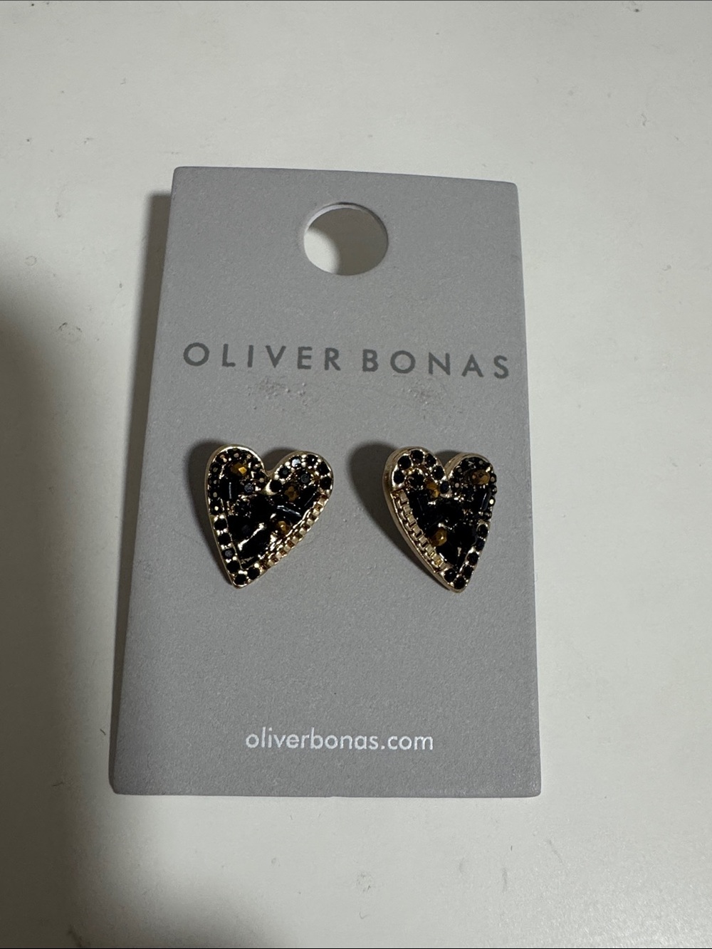 Oliver Bonas Black Heart Stud Earrings in Gold-tone